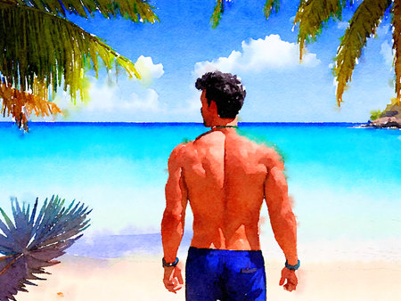 young man in a swimsuit on the beach, watercolor styleの写真素材