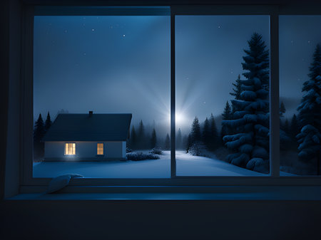 christmas window with snow and treesの素材