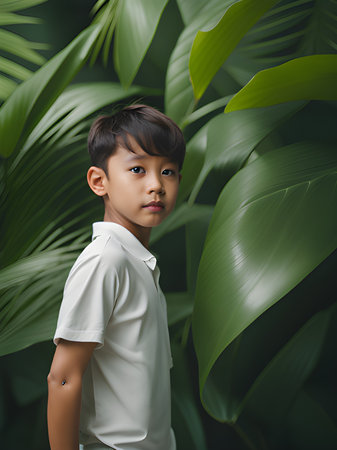 cute little asian boy wearing a tropical jungle shirtの素材
