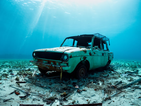 old rusty car with a broken wreck on the beachの素材