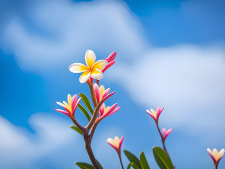 beautiful pink plumeria flower with blue sky background.の素材