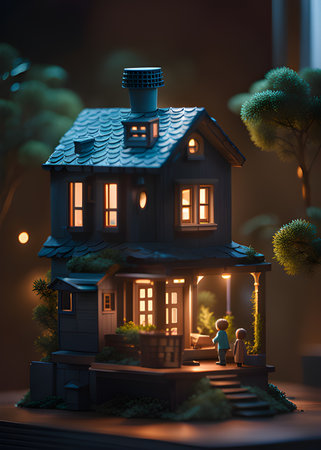 miniature house model in a dark night with miniature modelの素材