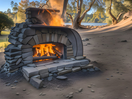 fire with fireplace in forestの素材