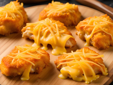 homemade cheese chicken with onion and cheese on a black background, close - up.の素材