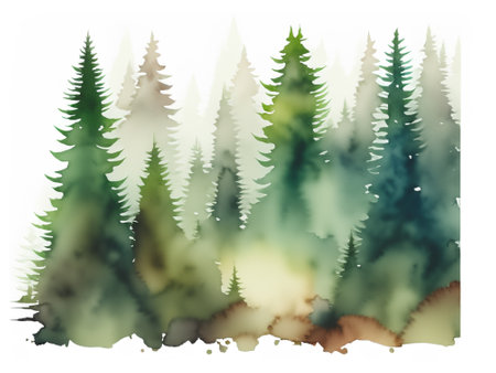 watercolor green pine forest landscape illustration.の素材