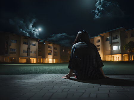 young woman with a backpack on the background of the night cityの素材