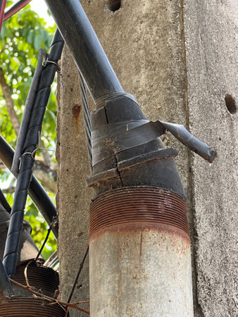 old and rusty iron tube on the background of the house