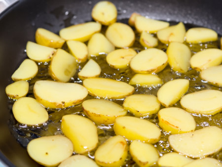 fried potatoes with oil in frying panの素材