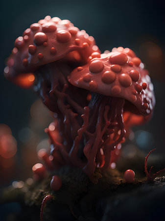 3d illustration. red mushroom with black backgroundの素材