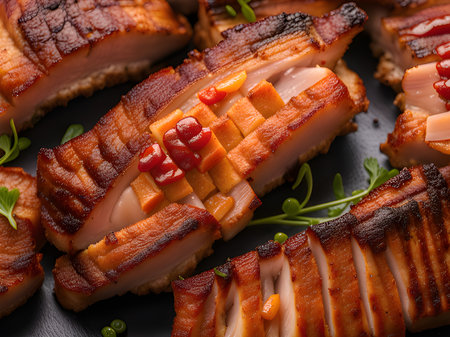 roasted pork ribs with spices on black plate, closeupの素材