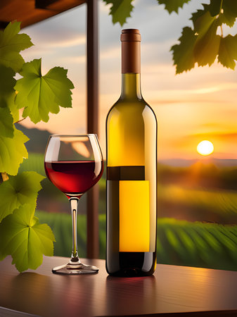 red wine bottle and glass on the background of a vineyard in the backgroundの素材