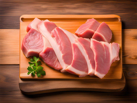 raw pork meat on a wooden boardの素材