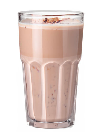 glass of tasty milk chocolate shake on white backgroundの素材
