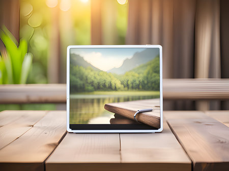 modern laptop computer on table with nature backgroundの素材