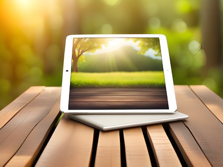 modern laptop computer on table with nature backgroundの素材