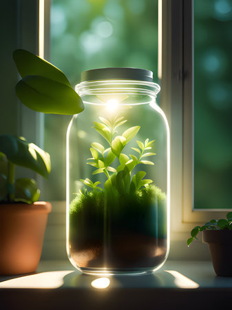 glass jar with fresh mint and green plant inside on a windowsill.の素材