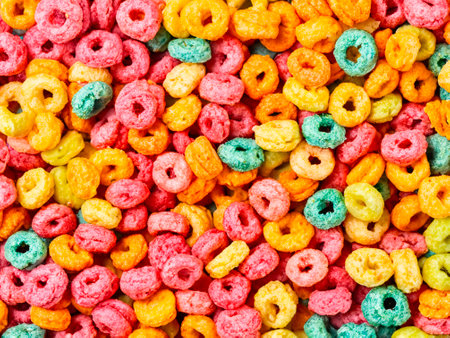 colorful cereal rings on white backgroundの素材