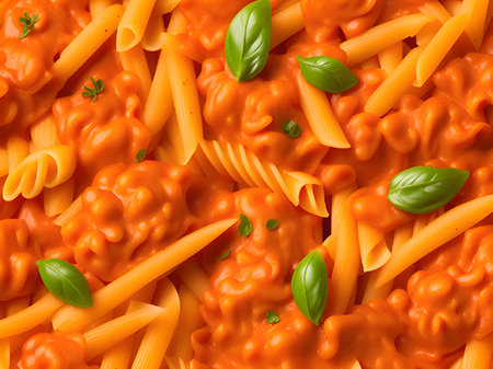 tasty pasta with tomato sauce on color backgroundの素材