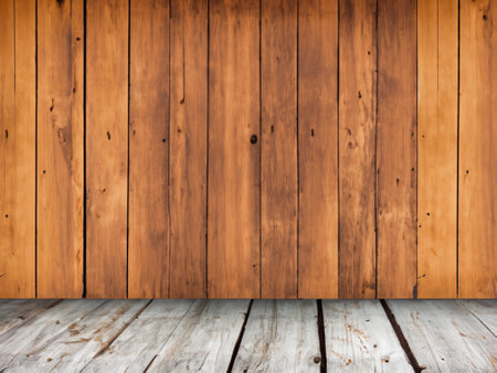 empty wooden table top with brown wall and floor background.の素材