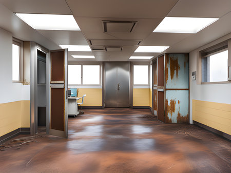 abandoned interior design of hospital room with a bedの素材