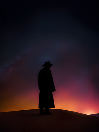 a silhouette of a man with a star in a dark night sky. concept of a new way to go.の素材