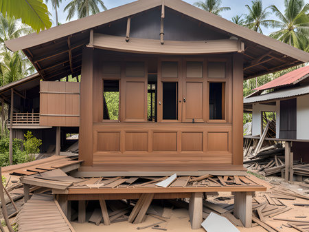 abandoned wooden house on the island after tsunami attackの素材