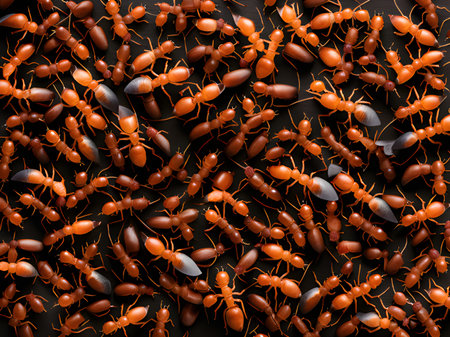 red ants isolated on dark background.の素材