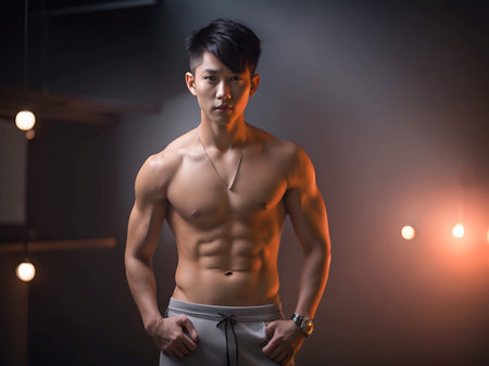 young asian man in dark roomの素材