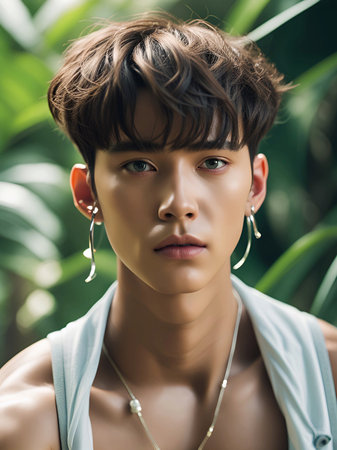 young man with long beard posing in the parkの素材