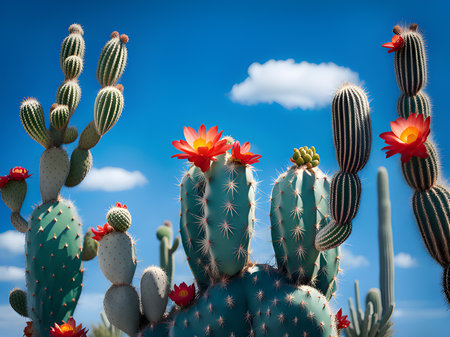 cactus with beautiful flowers on a background of blue skyの素材