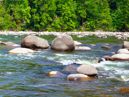 a view of a river with a mountain in the background.の素材