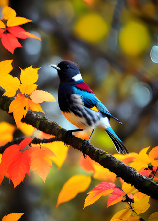 beautiful little bird titmouse sitting in an autumn garden on the branchの素材