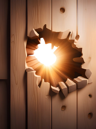 wooden door with a hole in the wallの素材