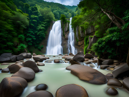 beautiful waterfall in the forest.の素材