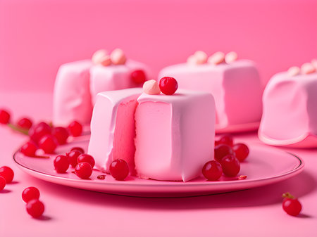 delicious fresh cherries with cream and pink glaze on a white plate, pink background, close upの素材