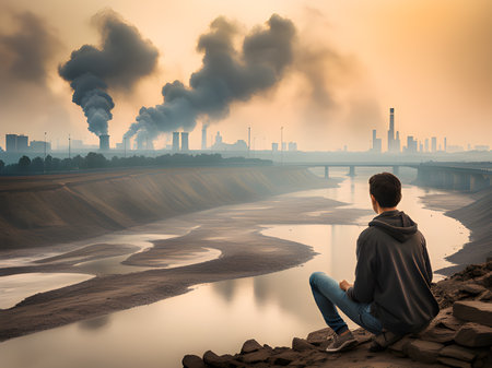 young male in black clothes with a backpack on the roof of the city. industrial pollution concept.の素材