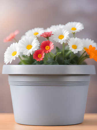white and pink flowers in pots on table against blurred backgroundの素材