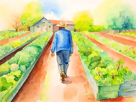 watercolor illustration of man walking in the garden.の素材
