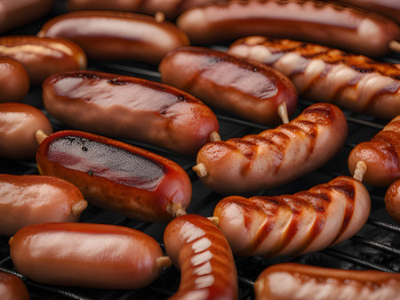 many tasty sausages in frying pan, closeupの素材