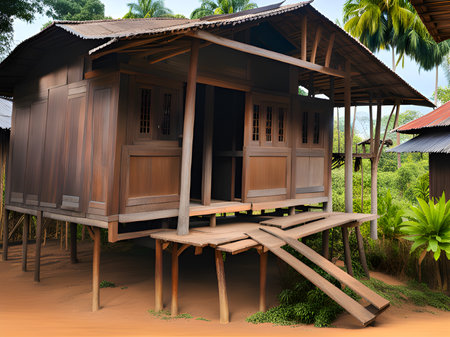 abandoned Thai style house near the road sideの素材
