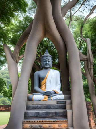 Buddha statue in a church covered with the banyan treeの素材