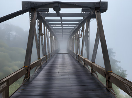abandoned bridge with fog in the forestの素材