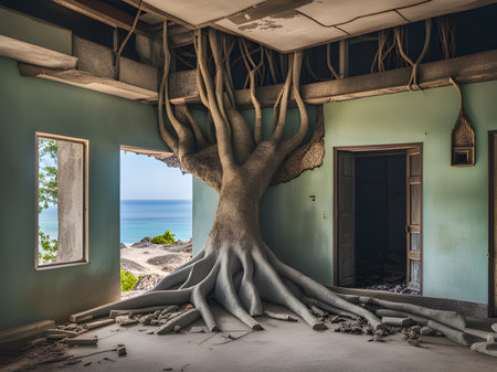 abandoned home near the sea with banyan rootの素材