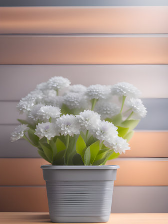 beautiful white chrysanthemums in white pots on a gray background.の素材