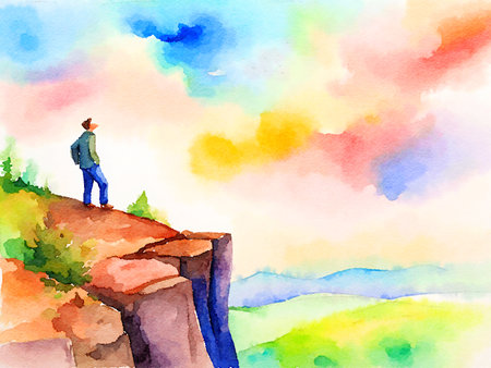 watercolor painting of young man on the hill with clouds in the mountainsの素材