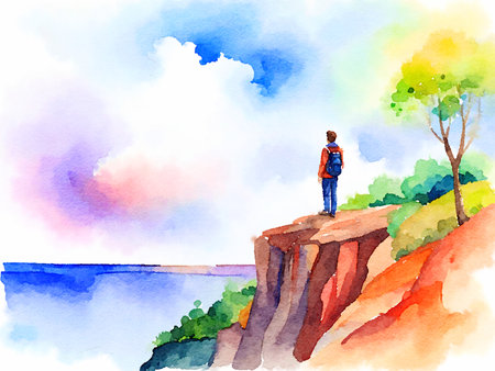 watercolor painting of young man on the hill with clouds in the mountainsの素材