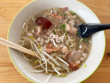pork with rice noodles, pork and soup, thai food,