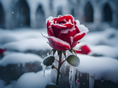 Red roses bushes covered with snow at a winter park.の素材