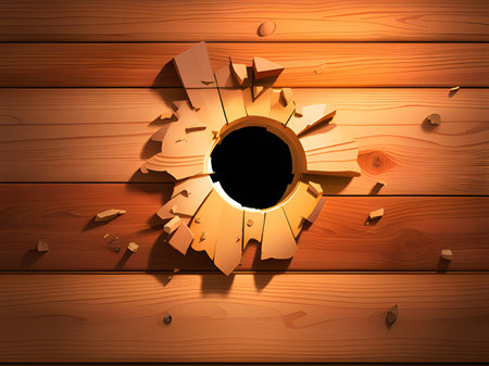 close up hole on wooden wallの素材