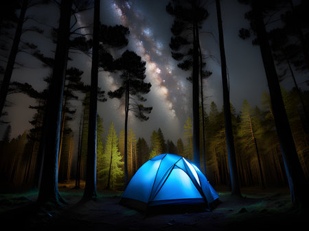 night view of camping tent with forestの素材